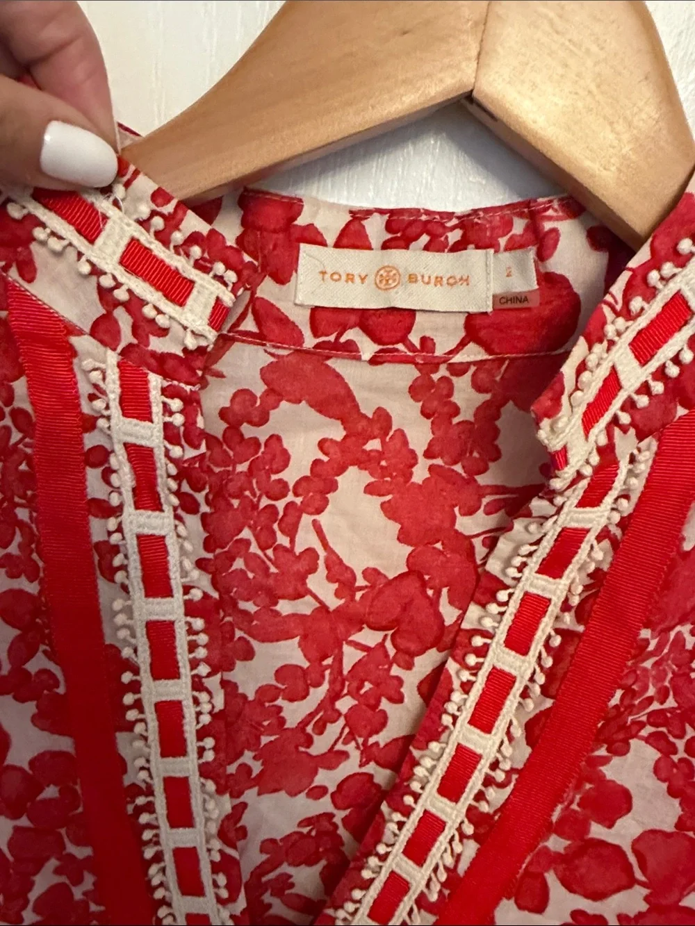 Tory Burch Womens Tunic Top Red Floral Beaded Lattice Resort Coas